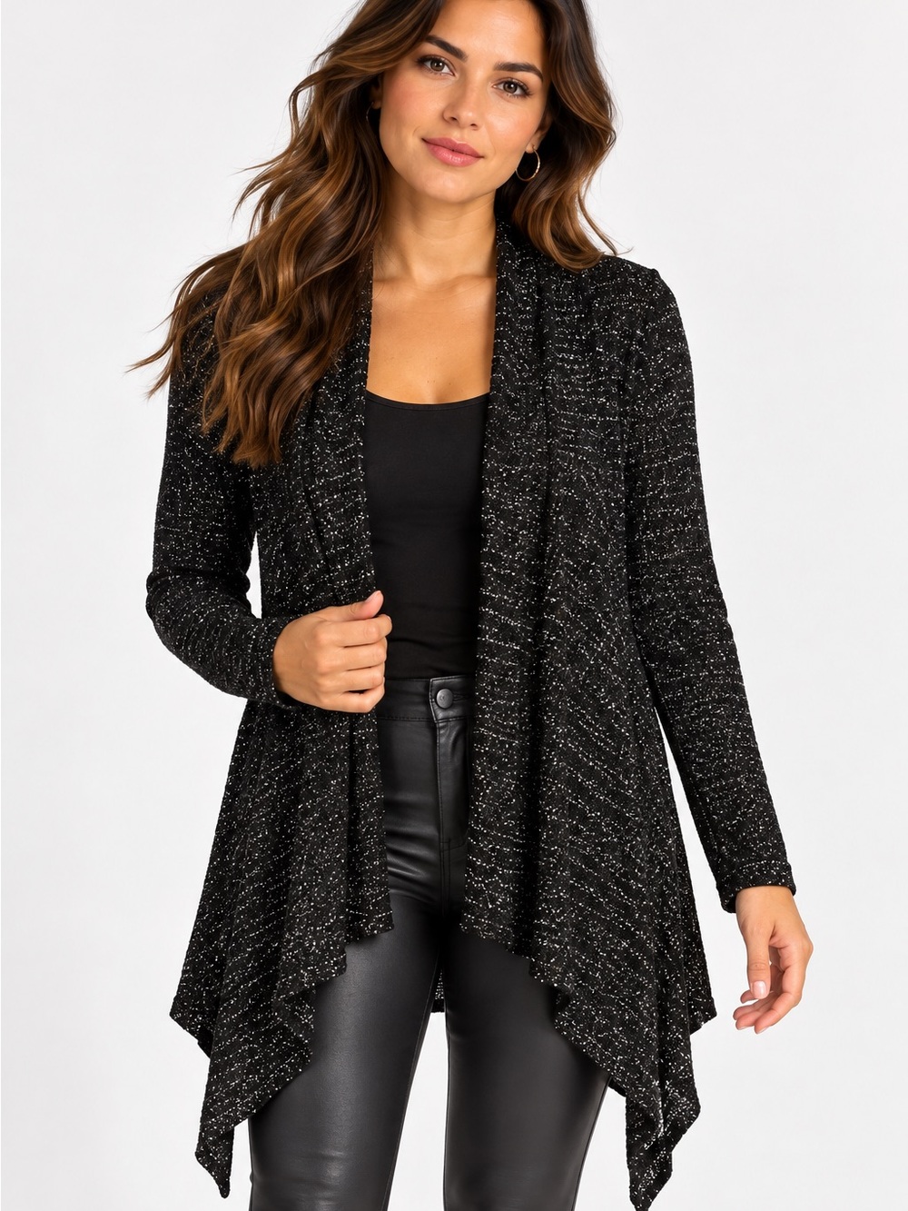 Express Women’s Small Black Metallic Shimmer Waterfall Cardigan NWT